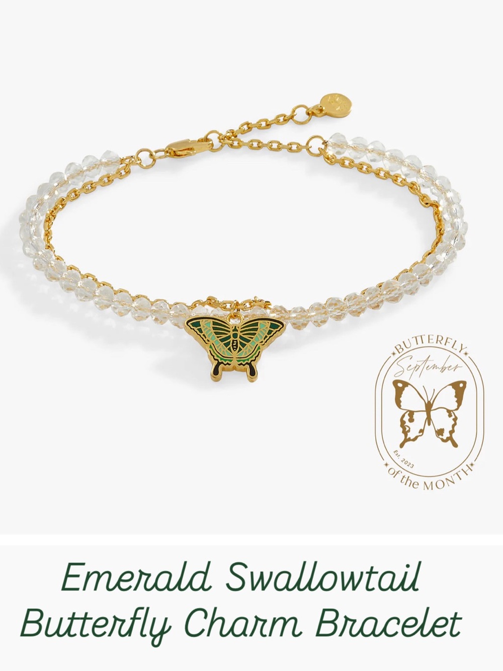 Emerald Swallowtail Butterfly Charm Bracelet - Gold & Green
